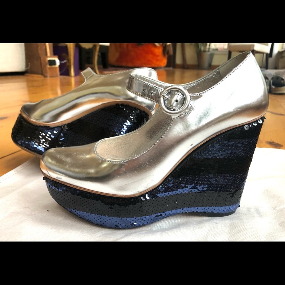 Gorgeous silver w sequins PRADA wedge pumps shoes